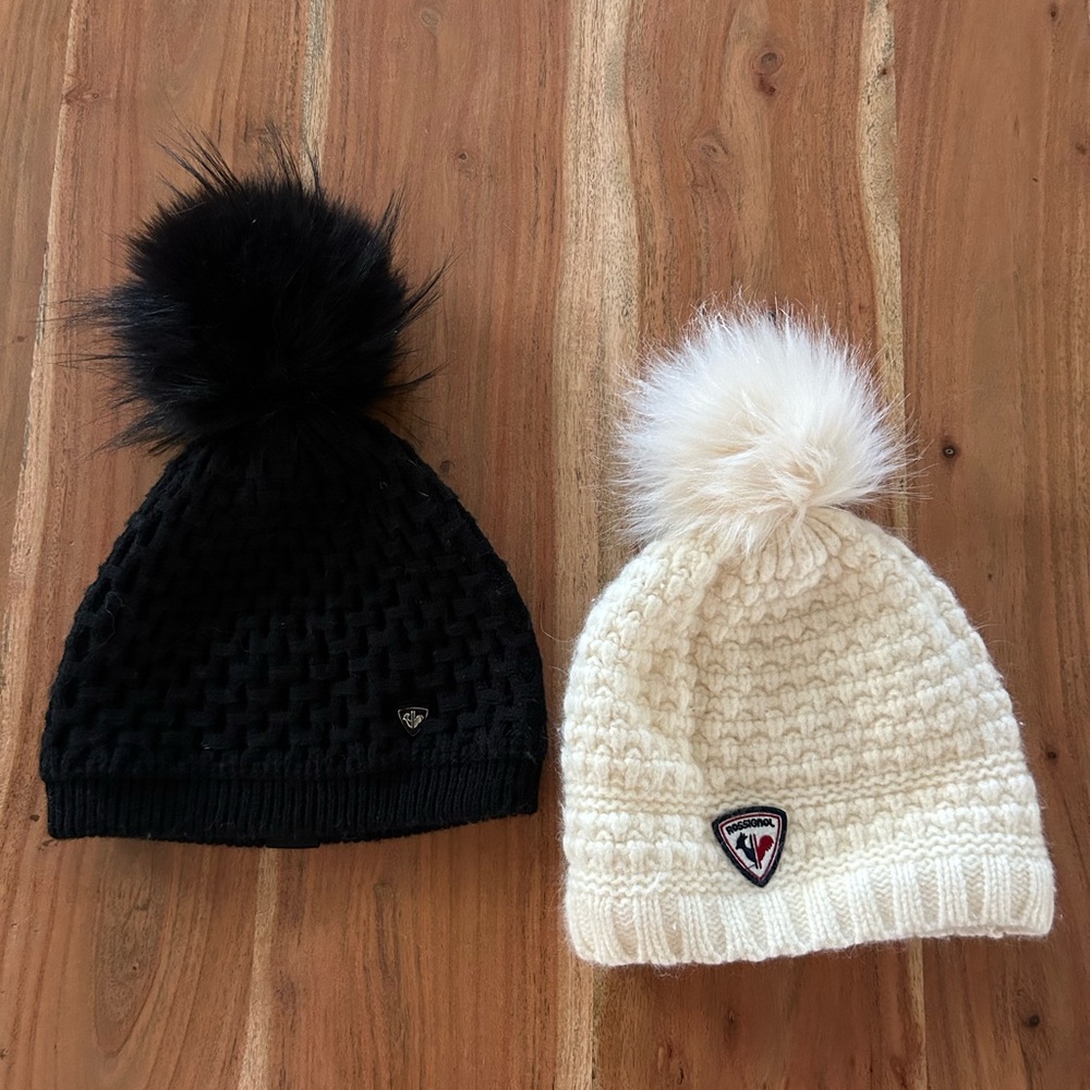 Two Rossignol Beanies Pompoms White and Black Ski Wear